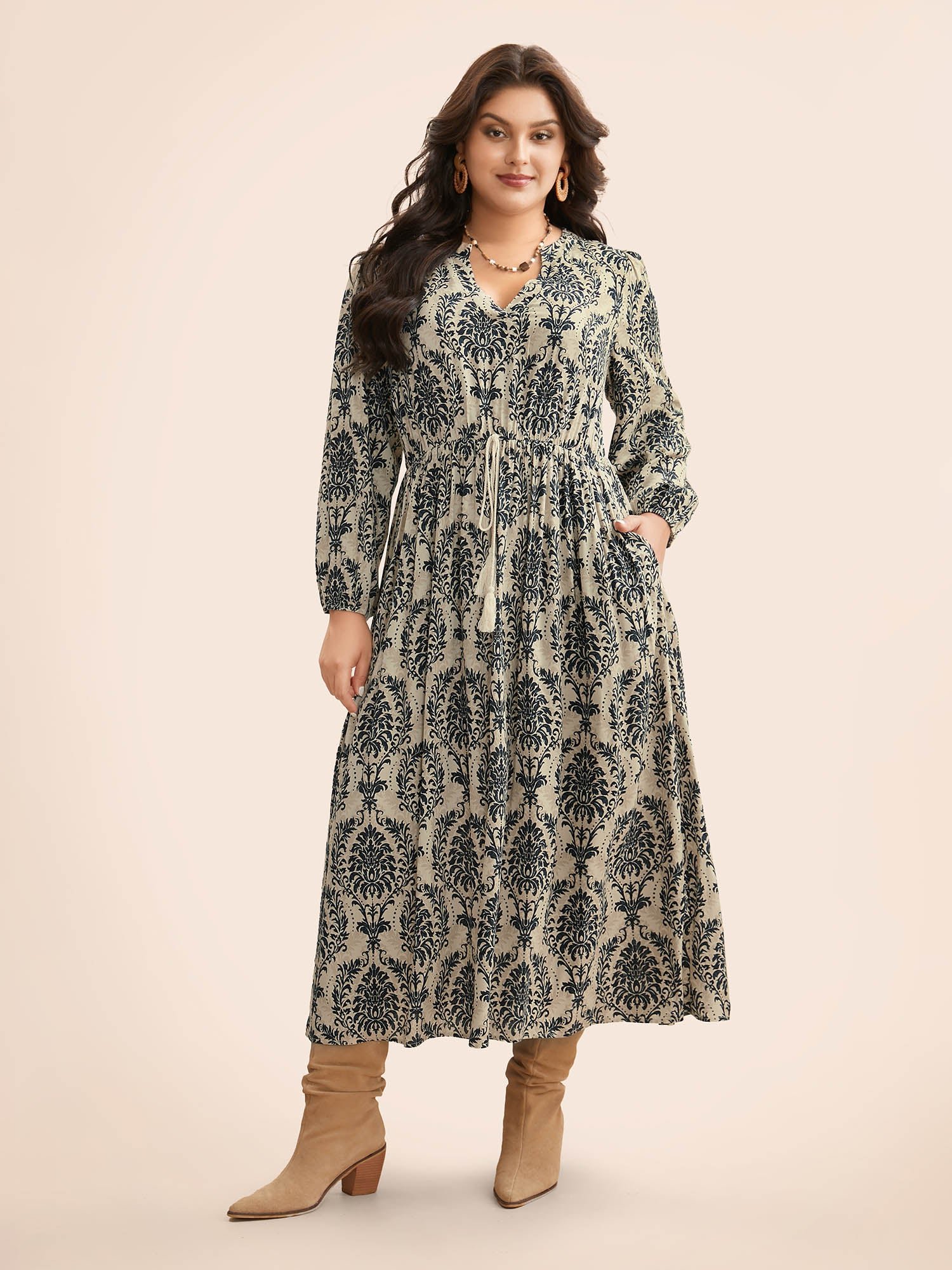 Boho Print Notched Tie Knot Maxi Dress - Image 11
