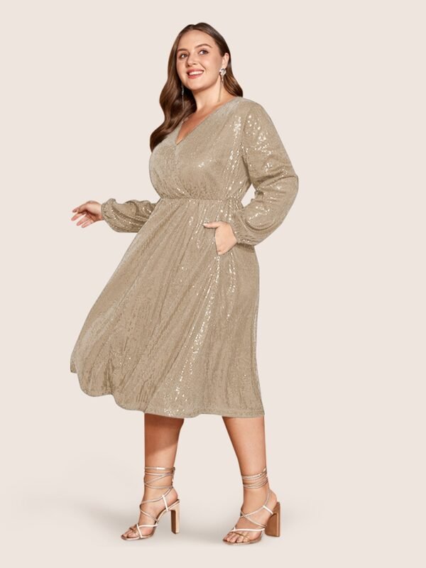 Solid Pocket Lantern Sleeve Wrap Sequin Dress - Image 19