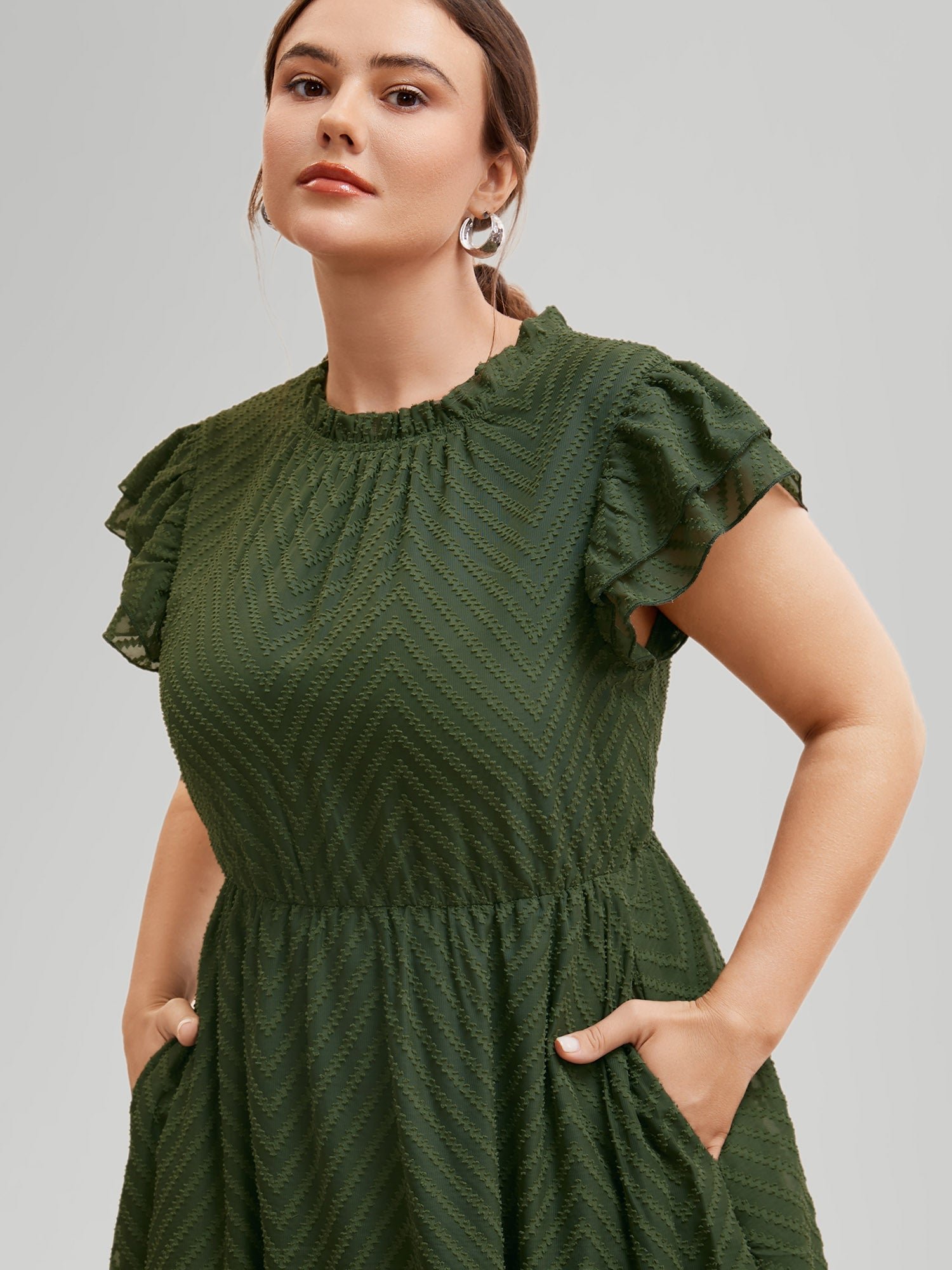 Plain Geometric Layered Sleeve Pocket Ruffle Mock Neck Dress - Image 6