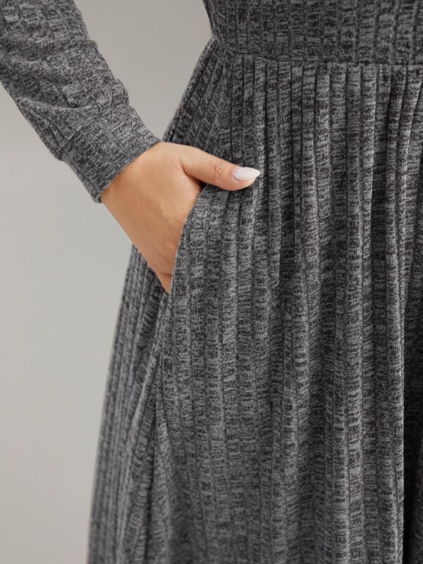 Rib Knit Plain Plisse Long Sleeve Dress - Image 7