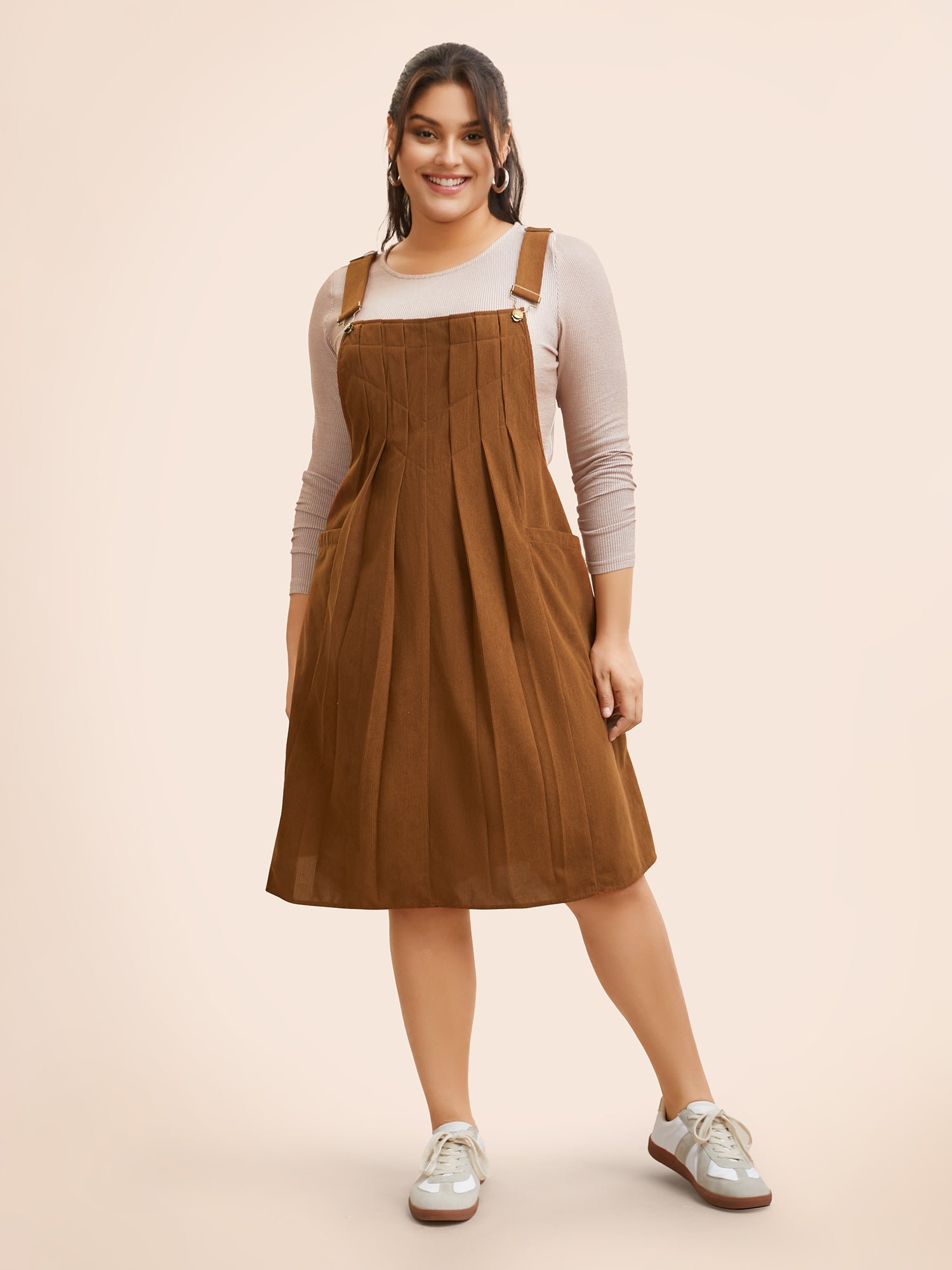 Solid Corduroy Pleated Overall Dress - Image 7