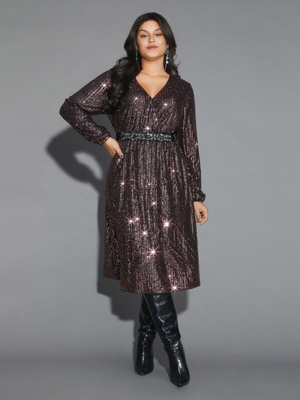 Solid Pocket Lantern Sleeve Wrap Sequin Dress - Image 21