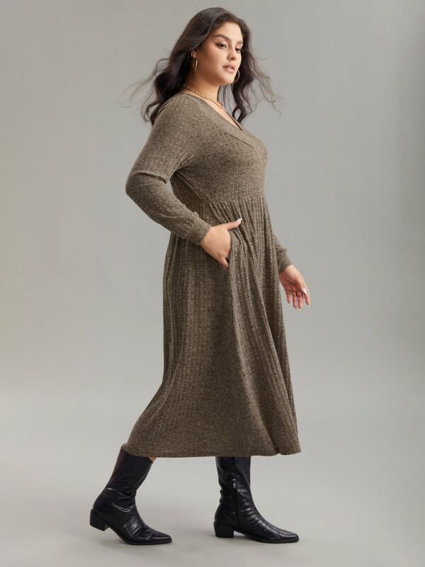 Rib Knit Plain Plisse Long Sleeve Dress - Image 43