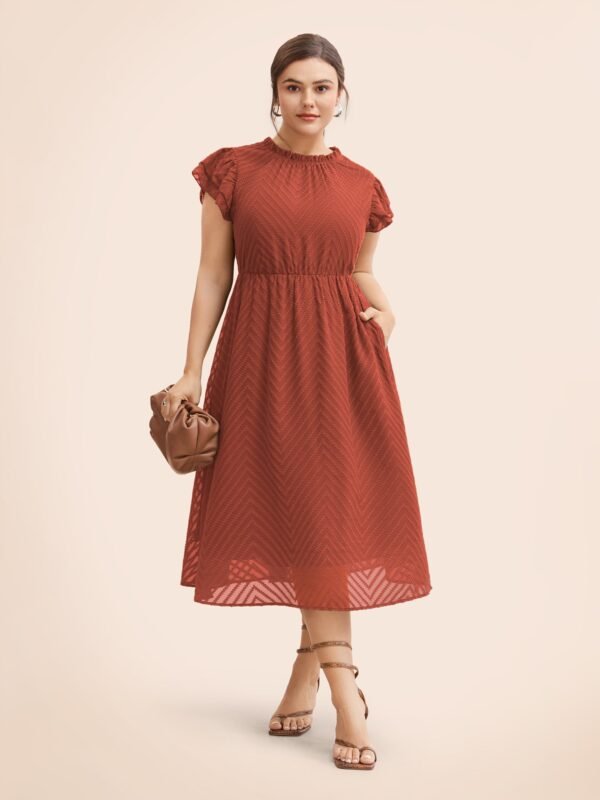 Plain Geometric Layered Sleeve Pocket Ruffle Mock Neck Dress - Image 18