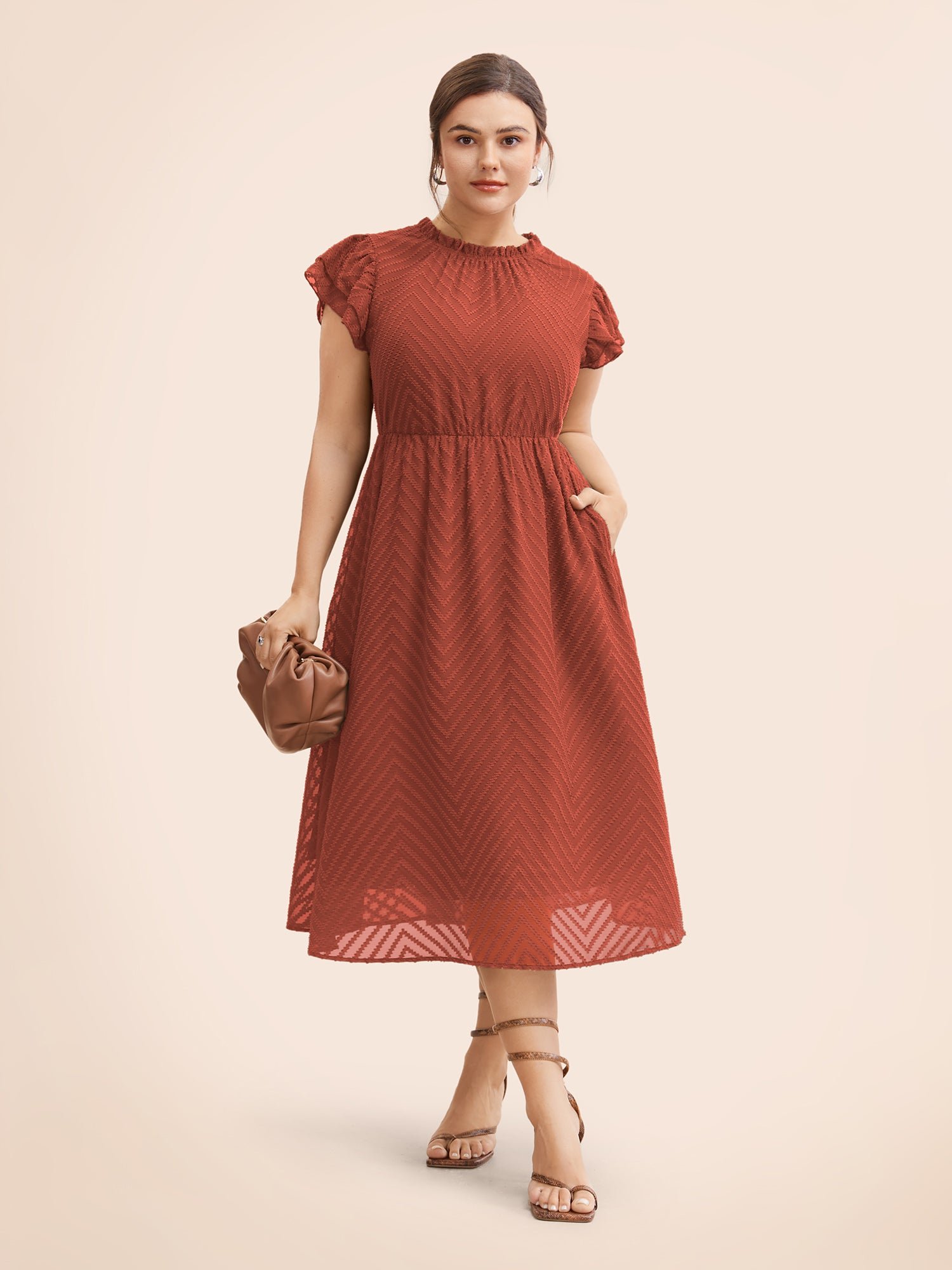 Plain Geometric Layered Sleeve Pocket Ruffle Mock Neck Dress - Image 18