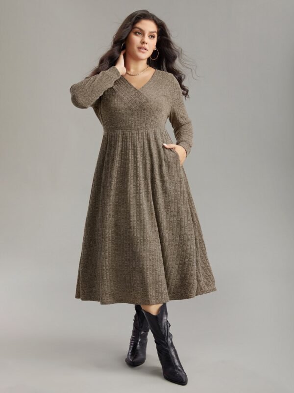 Rib Knit Plain Plisse Long Sleeve Dress - Image 45