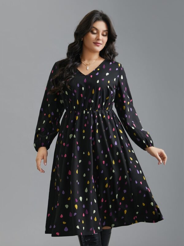V Neck Color Contrast Lantern Sleeve Dress - Image 3