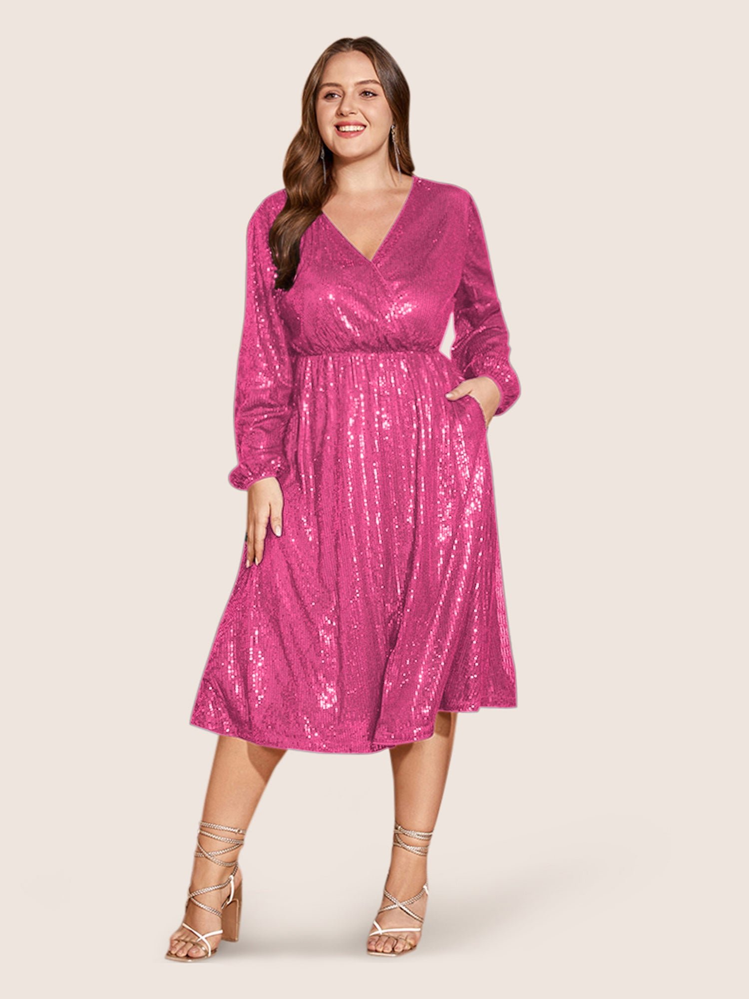 Solid Pocket Lantern Sleeve Wrap Sequin Dress - Image 37