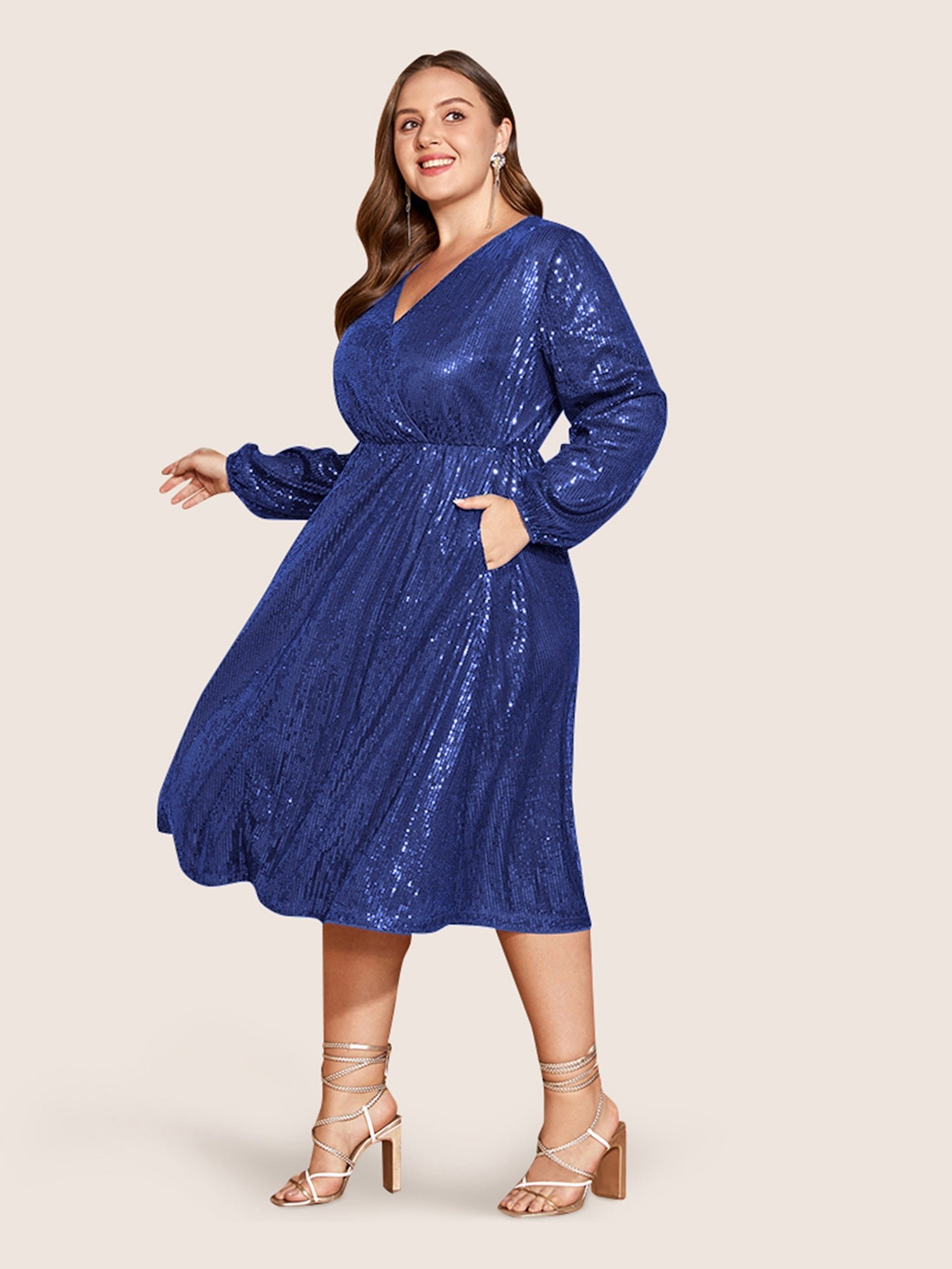 Solid Pocket Lantern Sleeve Wrap Sequin Dress - Image 35