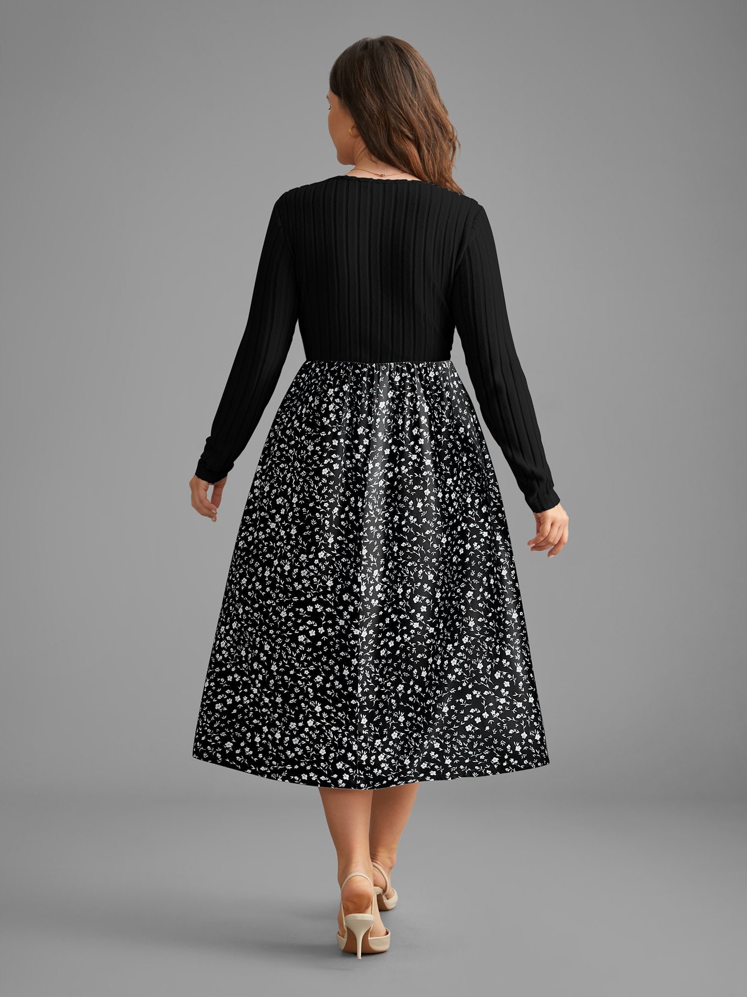 Ditsy Floral Patchwork Texture Midi Dress - Image 26