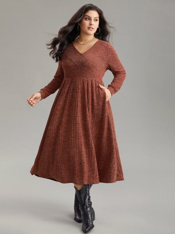 Rib Knit Plain Plisse Long Sleeve Dress - Image 32