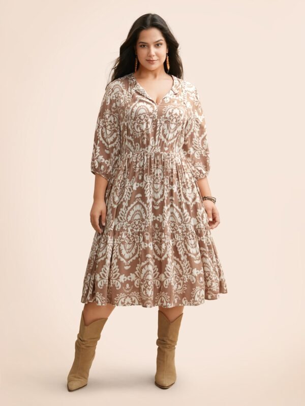 Boho Print Tie Knot Puff Sleeve Dress - Image 40