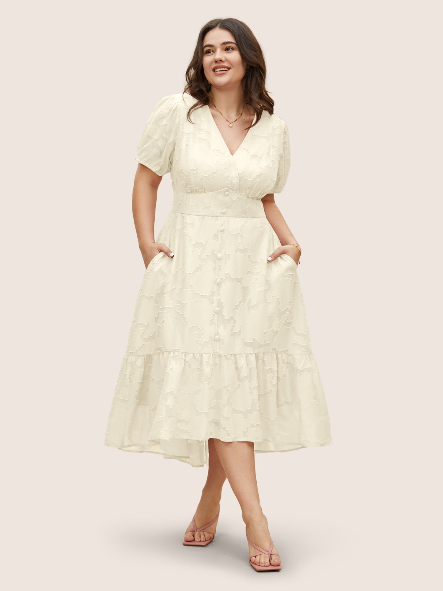 Solid Textured Lantern Sleeve Button Detail Dress - Image 9