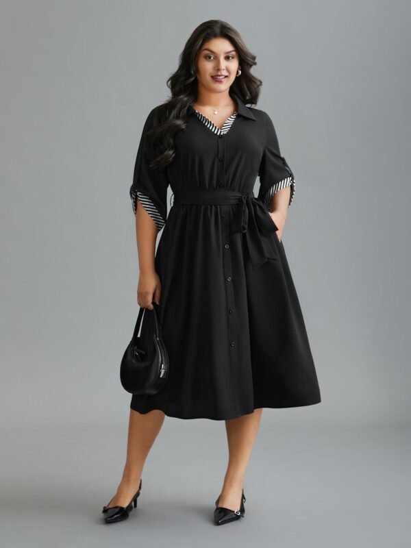 Tab Sleeve Striped Belted Shirt Dress - Image 4