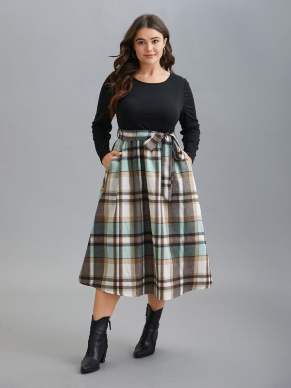 Plaid Patchwork Elastic Waist Belted Dress - Image 10