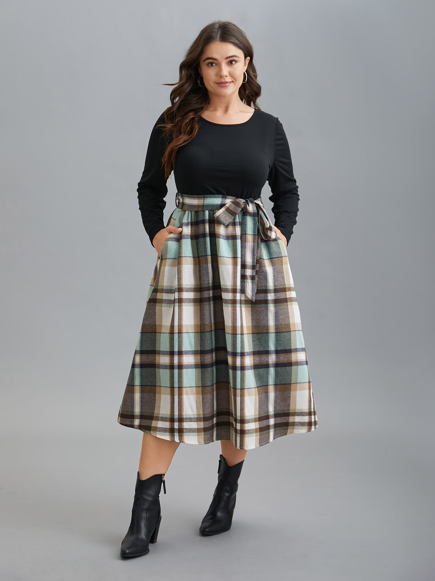 Plaid Patchwork Elastic Waist Belted Dress - Image 10