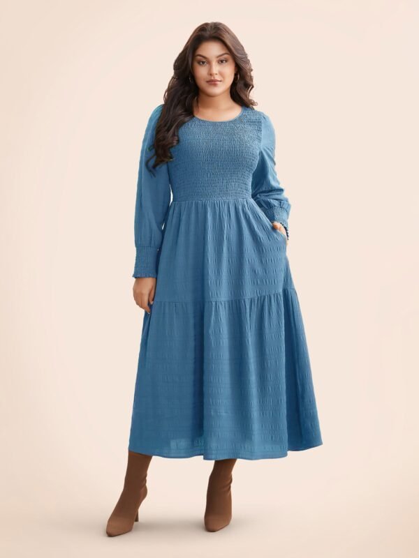 Plain Textured Shirred Midi Dress - Image 23