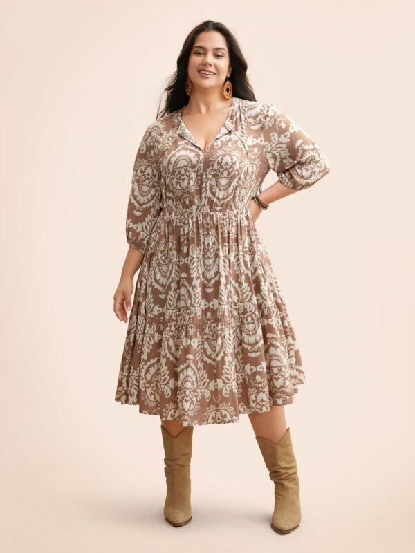 Boho Print Tie Knot Puff Sleeve Dress - Image 39