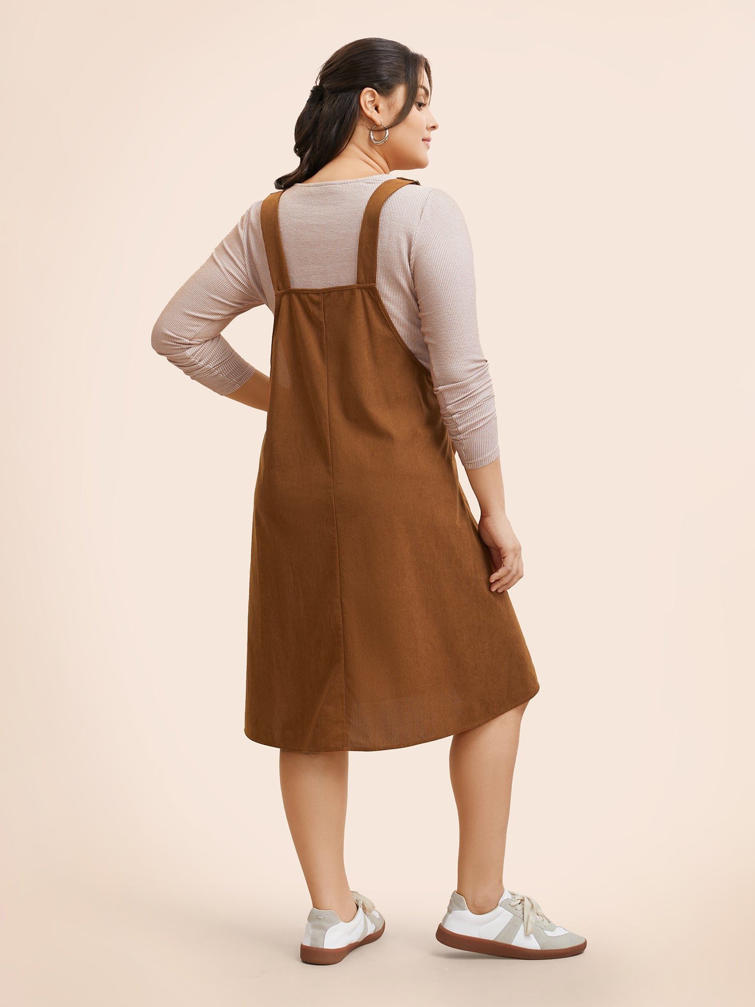 Solid Corduroy Pleated Overall Dress - Image 9