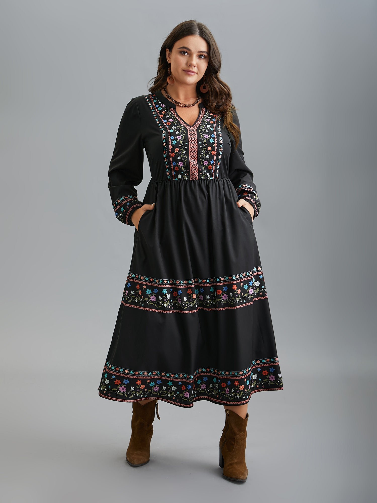 Notched Collar Boho Print Midi Dress - Image 2