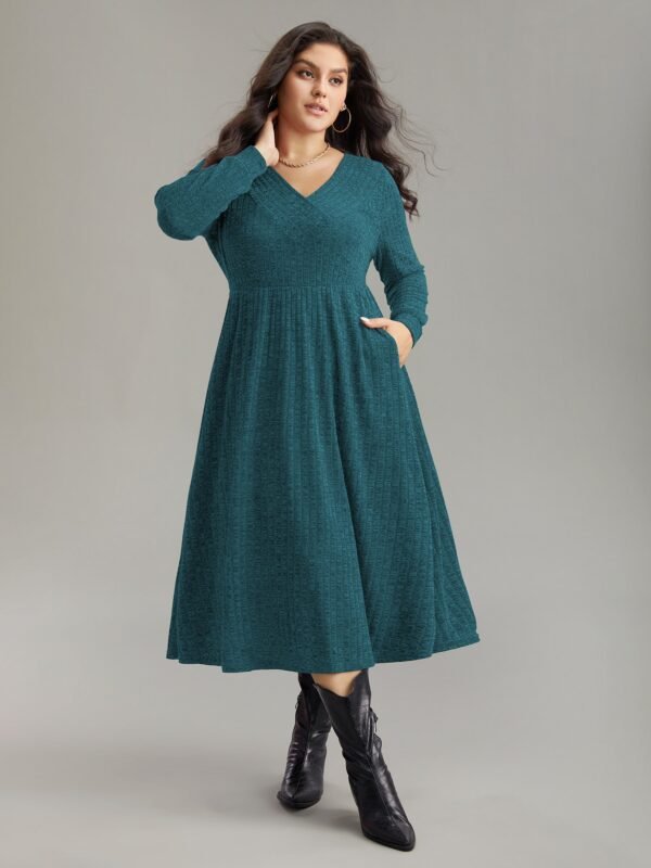 Rib Knit Plain Plisse Long Sleeve Dress - Image 25