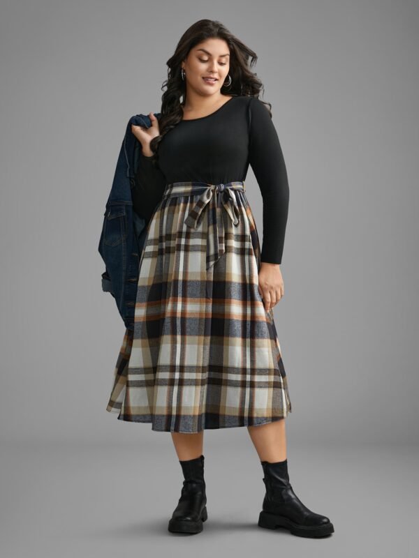 Plaid Patchwork Elastic Waist Belted Dress - Image 2