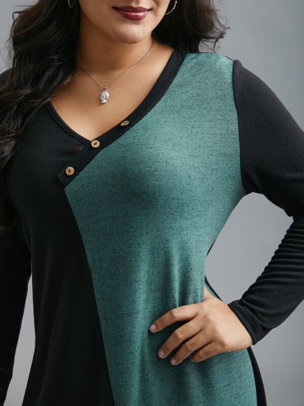 V Neck Contrast Patchwork Button Detail Dress - Image 3
