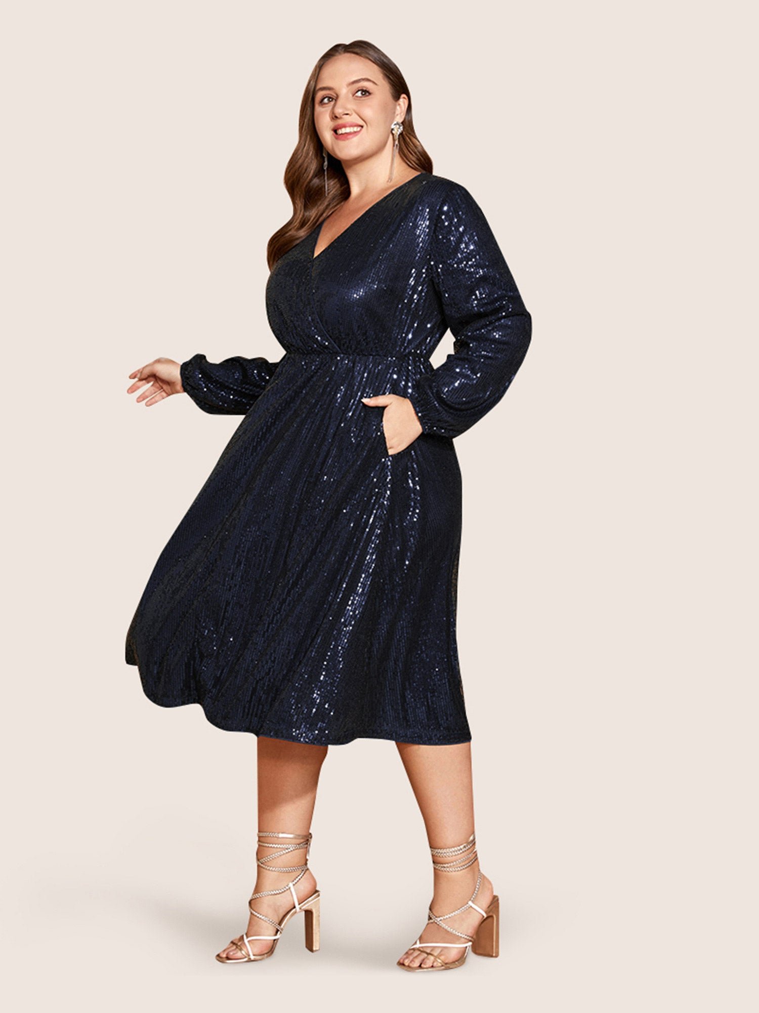 Solid Pocket Lantern Sleeve Wrap Sequin Dress - Image 27