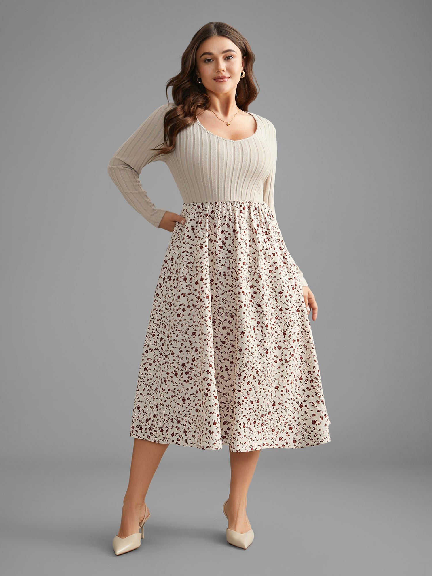 Ditsy Floral Patchwork Texture Midi Dress - Image 3