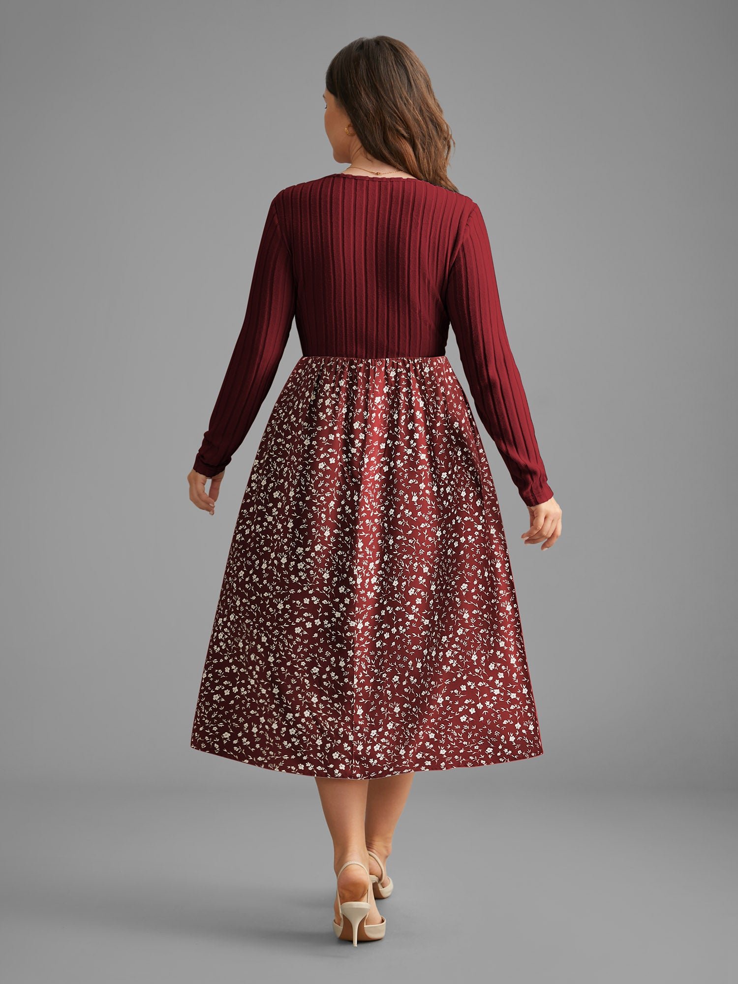 Ditsy Floral Patchwork Texture Midi Dress - Image 14