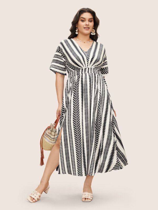 Solid Geometric Dolman Sleeve Pocket Shirred Split Hem Dress - Image 24
