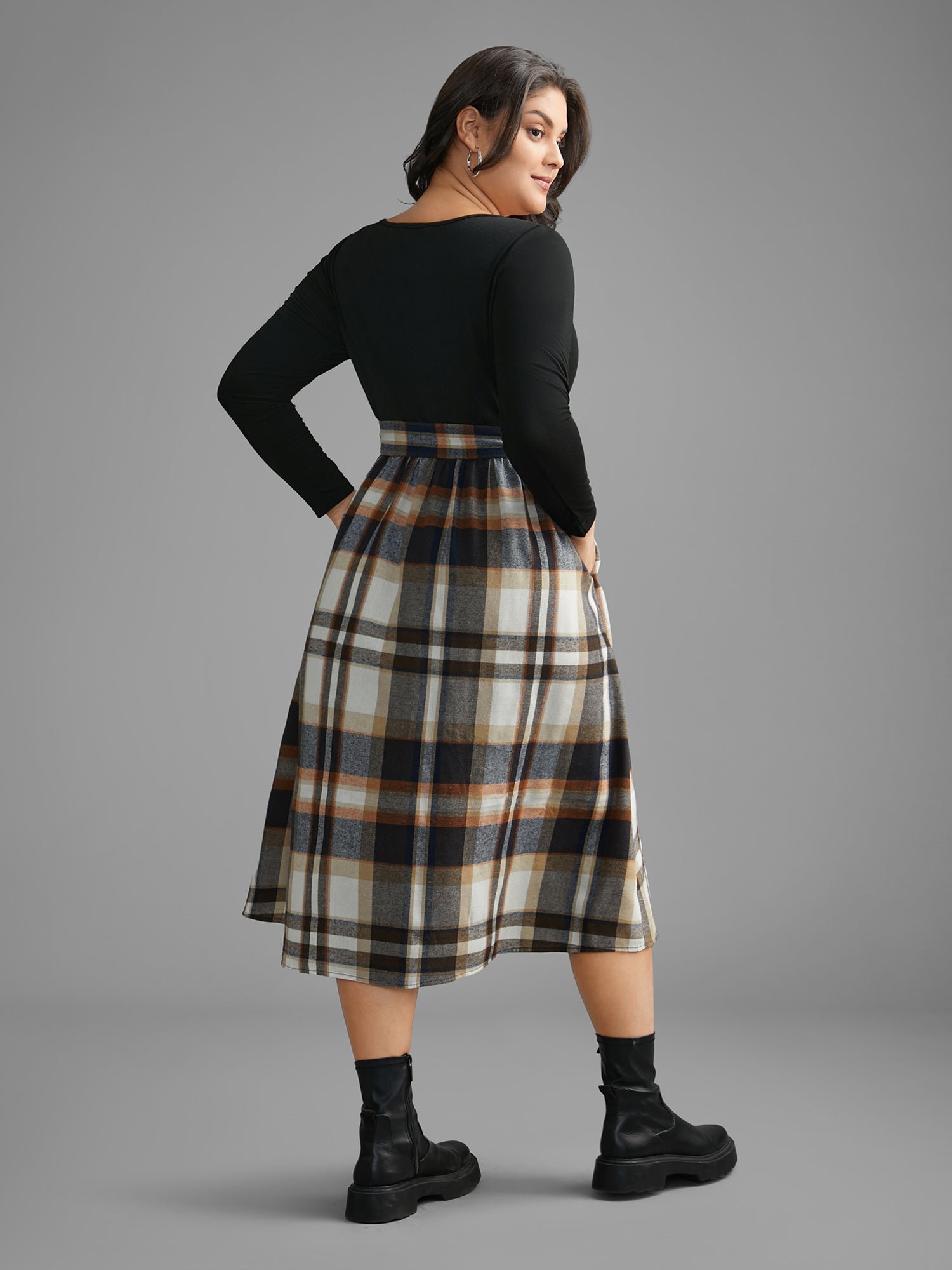 Plaid Patchwork Elastic Waist Belted Dress - Image 4