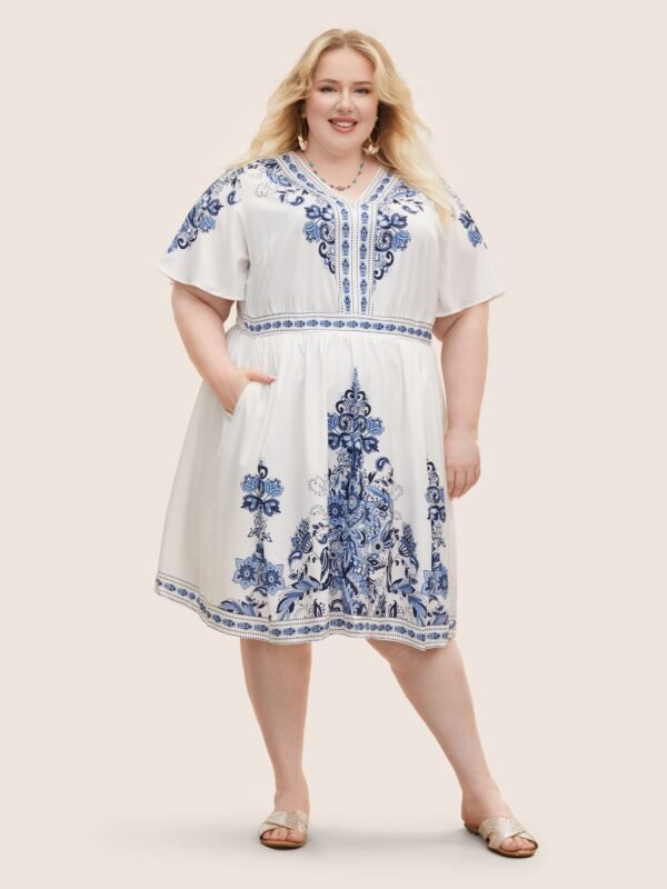 Bandana Print Ruffle Sleeve V Neck Pocket Knee Dress - Image 10