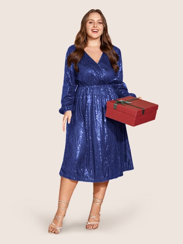 Solid Pocket Lantern Sleeve Wrap Sequin Dress - Image 34