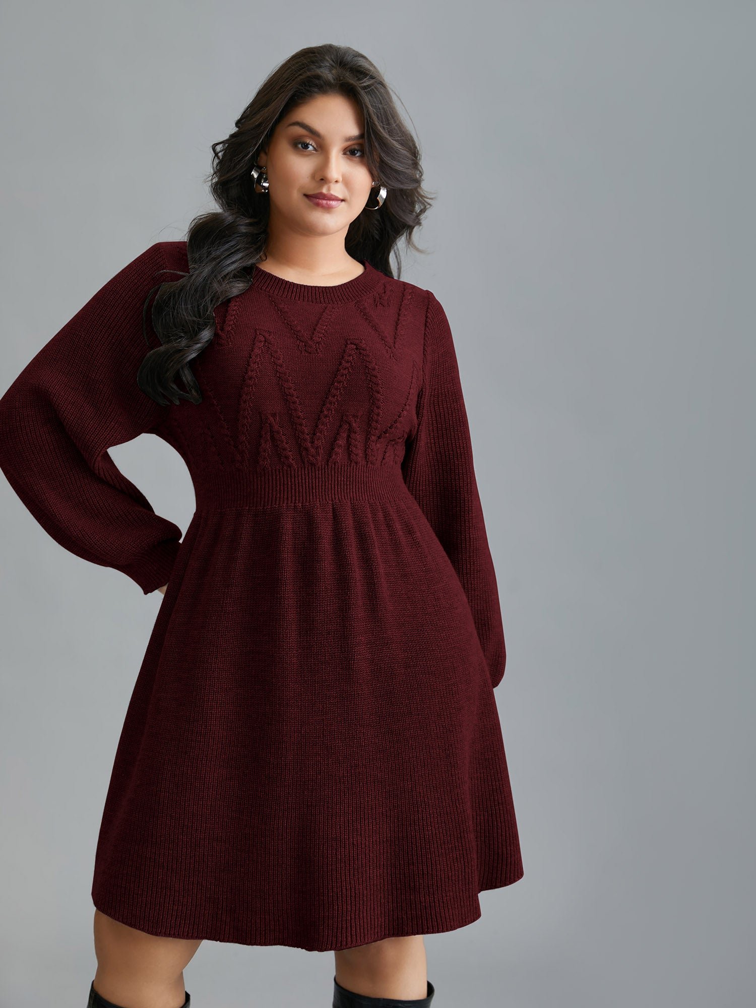 Cable Knit Elastic Waist Midi Sweater Dress - Image 8