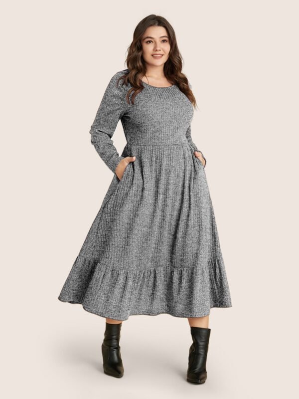 Solid Pocket Rib Knit Ruffle Hem Dress Without Belt - Image 56