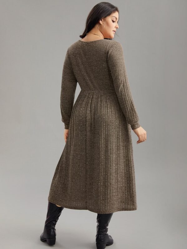 Rib Knit Plain Plisse Long Sleeve Dress - Image 42