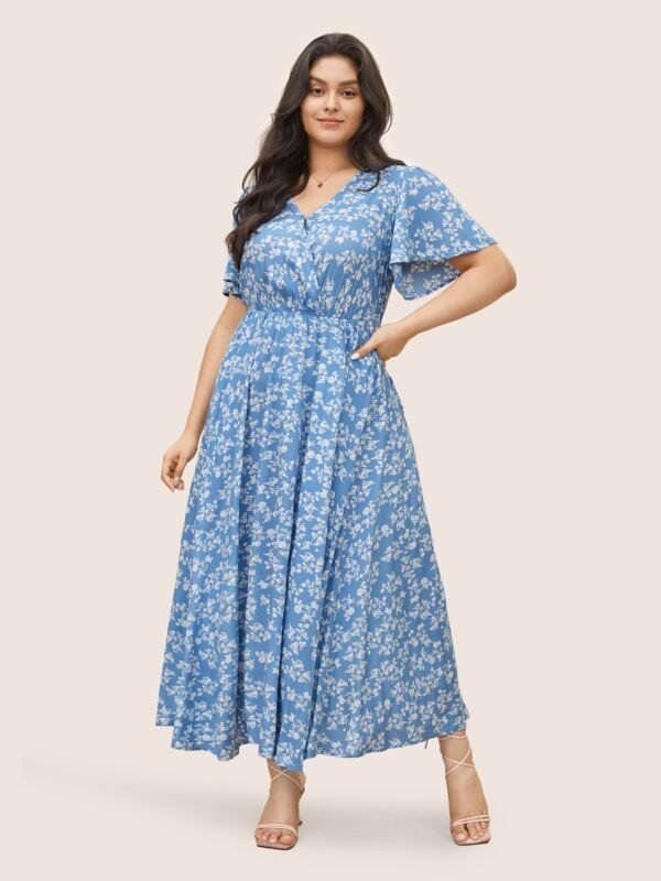 Bloom Dress - Flutter Sleeve Ditsy Floral Pocket Split Maxi Dress - Image 49