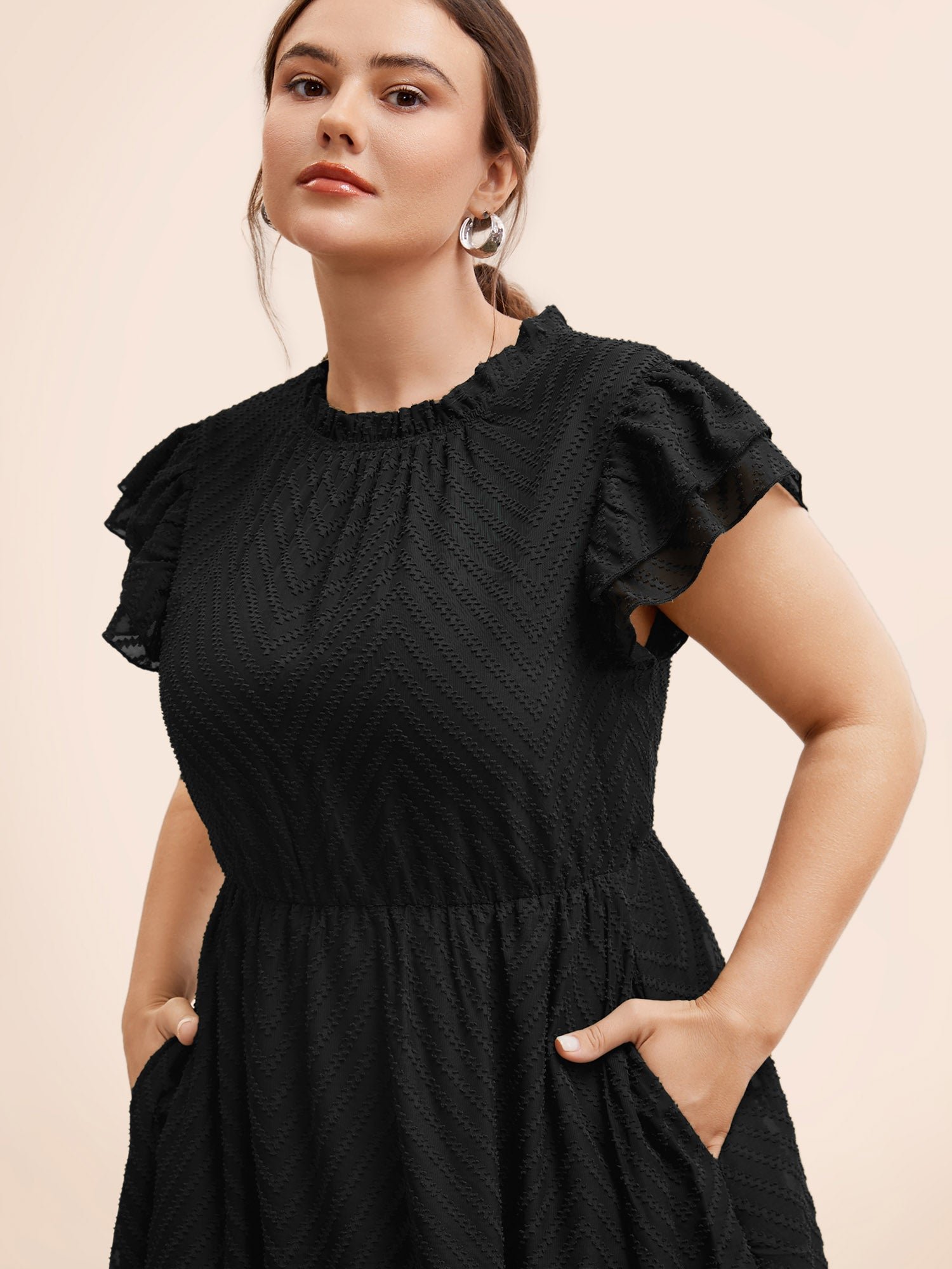 Plain Geometric Layered Sleeve Pocket Ruffle Mock Neck Dress - Image 2