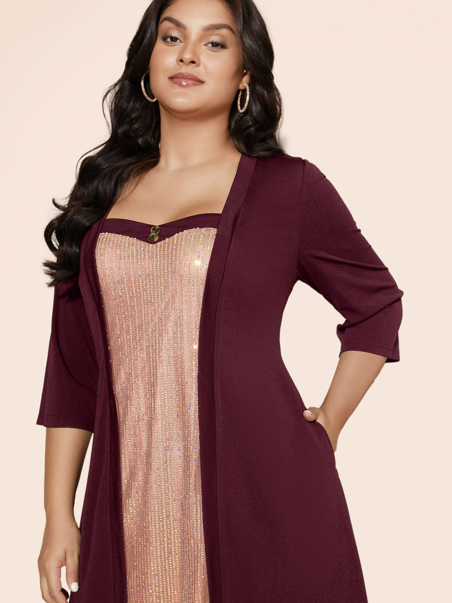 Heart Neckline Patchwork Sequin Button Detail Dress - Image 39