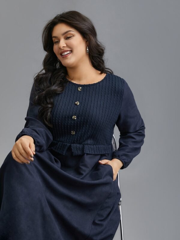 Textured Button Detail Lantern Sleeve Dress - Image 2