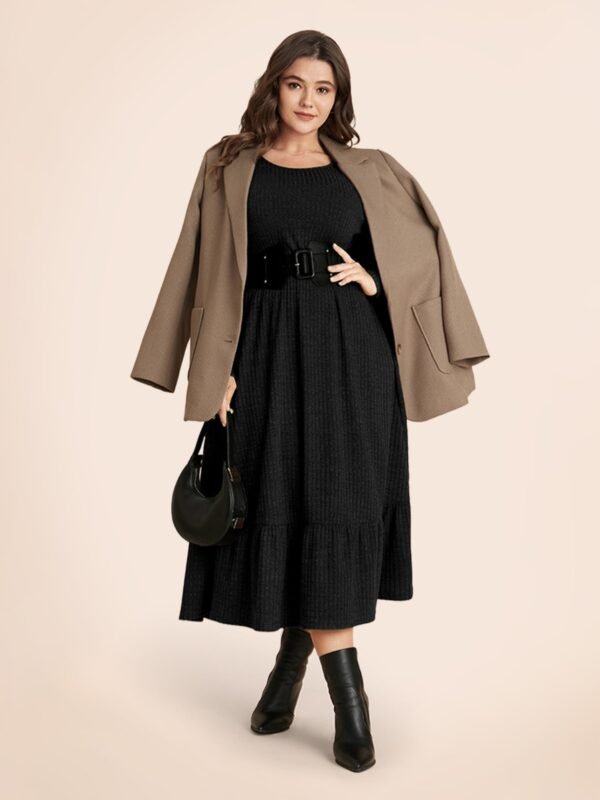 Solid Pocket Rib Knit Ruffle Hem Dress Without Belt - Image 34