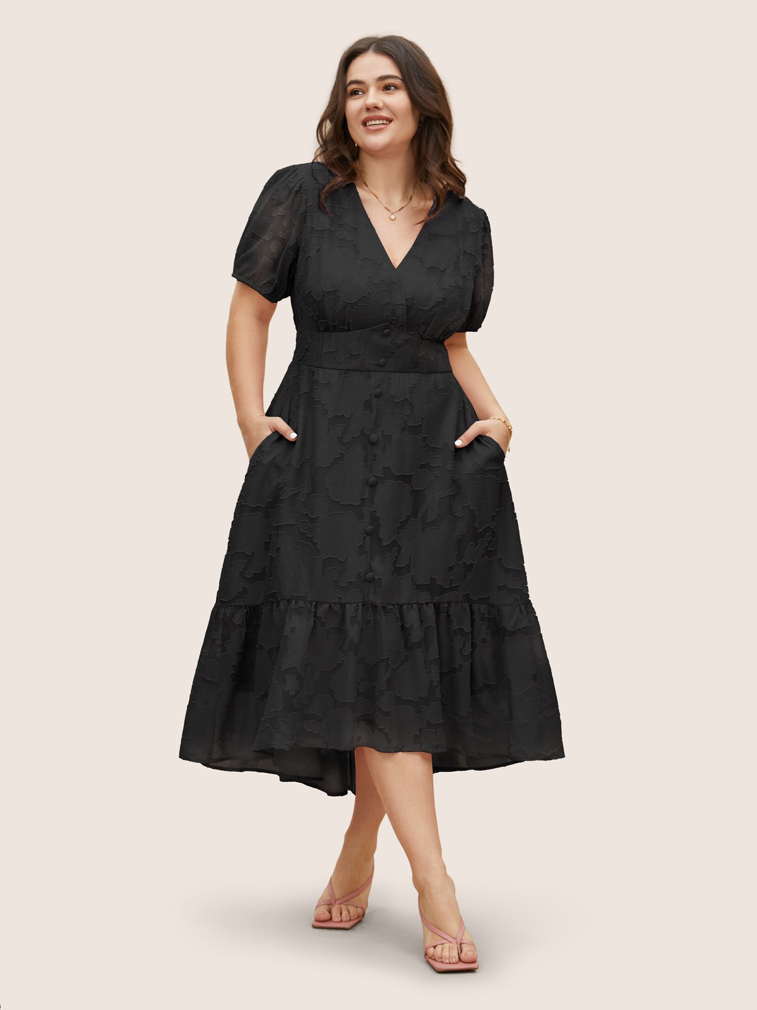 Solid Textured Lantern Sleeve Button Detail Dress - Image 5