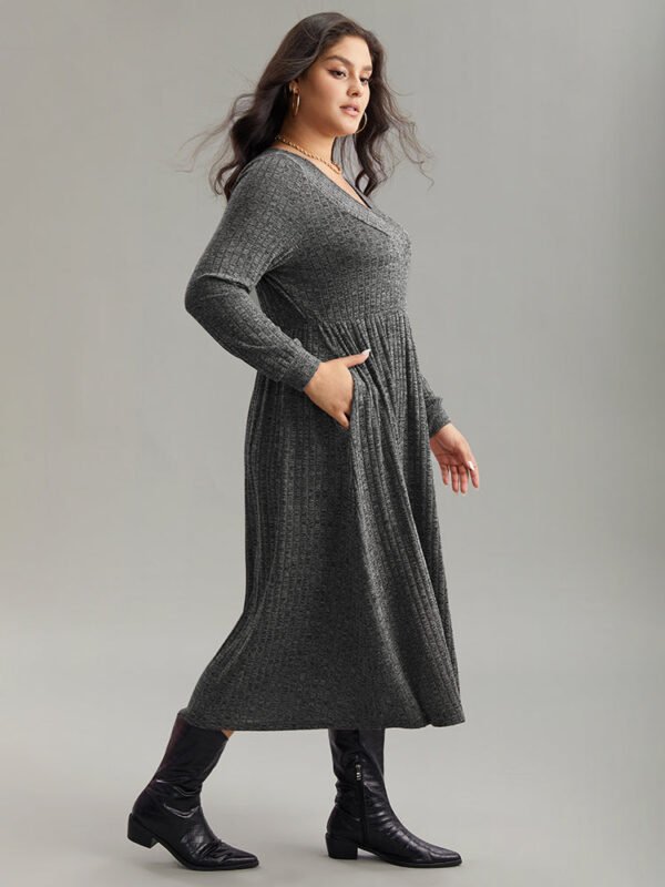 Rib Knit Plain Plisse Long Sleeve Dress - Image 5