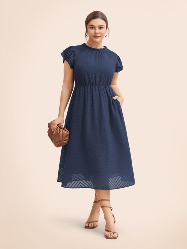 Plain Geometric Layered Sleeve Pocket Ruffle Mock Neck Dress - Image 11