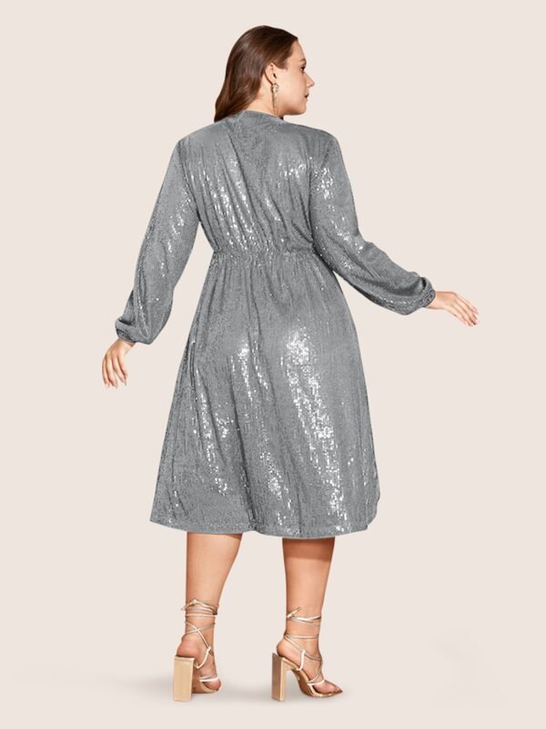 Solid Pocket Lantern Sleeve Wrap Sequin Dress - Image 48