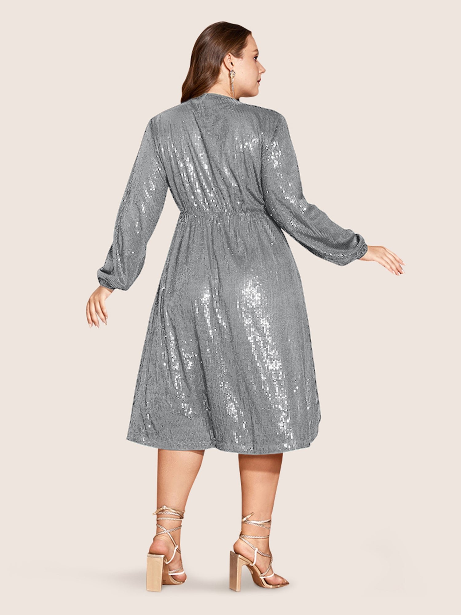 Solid Pocket Lantern Sleeve Wrap Sequin Dress - Image 48
