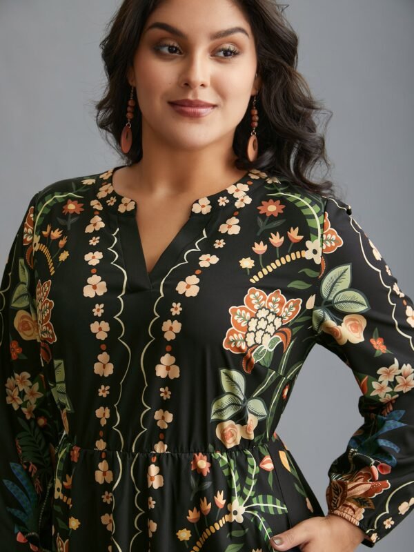 Floral Print Notched Collar Elastic Waist Dress - Image 2