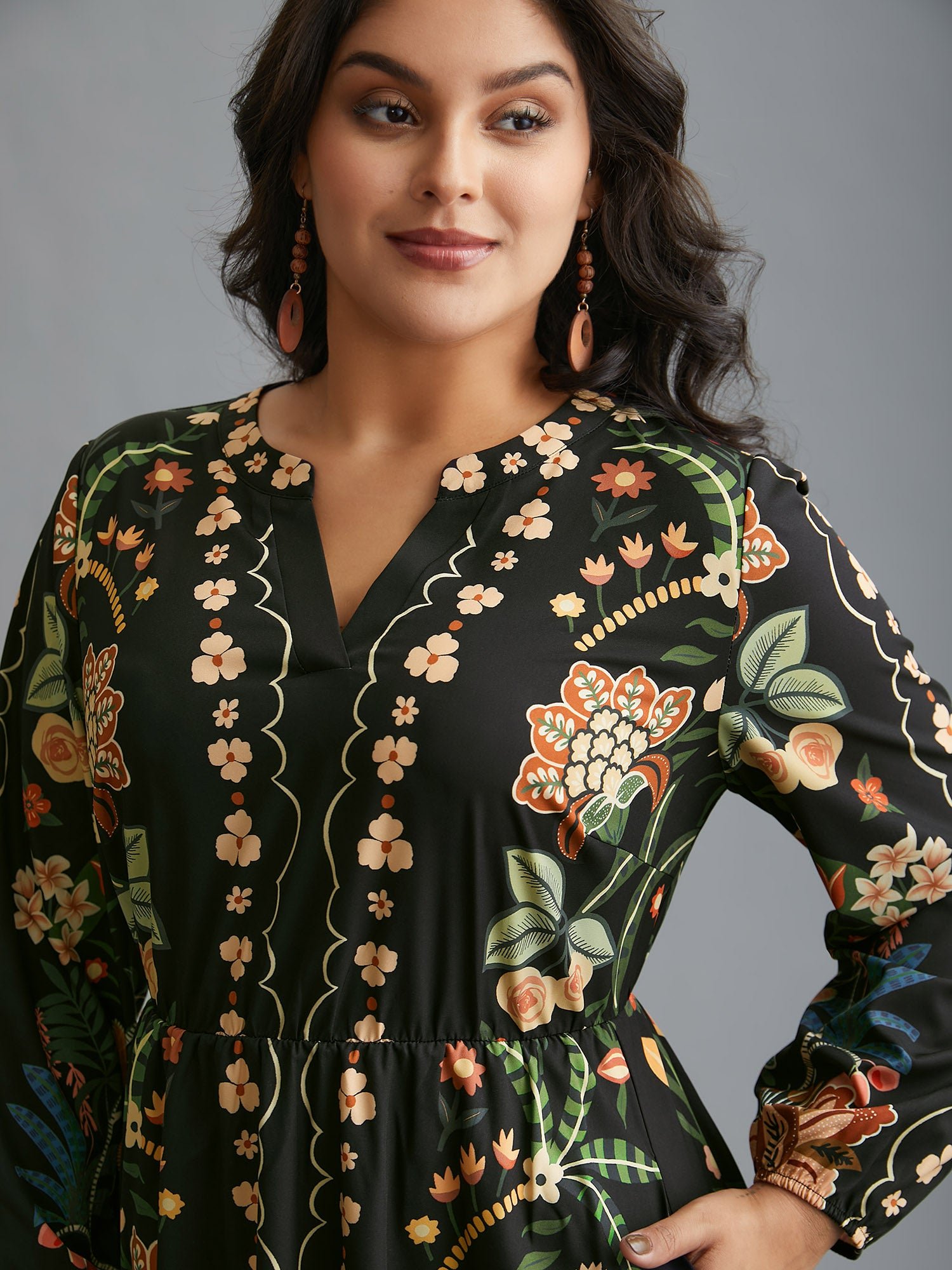 Floral Print Notched Collar Elastic Waist Dress - Image 2