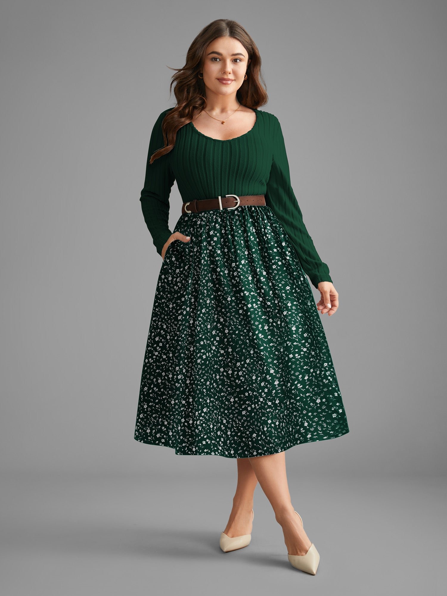 Ditsy Floral Patchwork Texture Midi Dress - Image 19